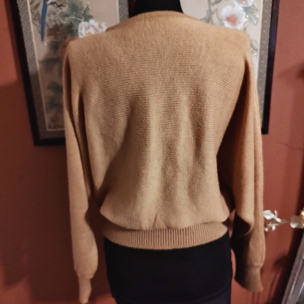 🔸🤎🔸Amazing Vtg 80's Mocha Caramel Tan Dolman Cable Knit Sequin Sweater - M/L - Picture 3 of 15